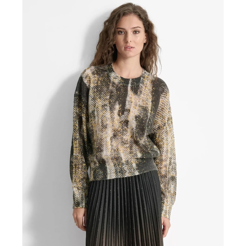 Dkny Women Printed Round-Neck Long-Sleeve Sweater Black Size Xs Msrp $179 Sale